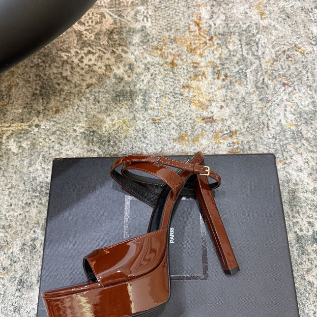YSL 26S HIGH-HEEL SANDALS 130 MM IN CHESTNUT BROWN GLOSSY CALFSKIN