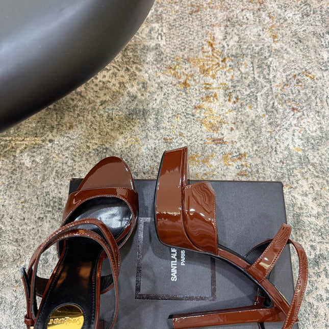 YSL 26S HIGH-HEEL SANDALS 130 MM IN CHESTNUT BROWN GLOSSY CALFSKIN