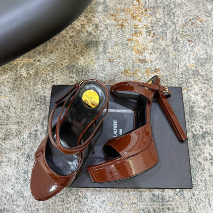 YSL 26S HIGH-HEEL SANDALS 130 MM IN CHESTNUT BROWN GLOSSY CALFSKIN