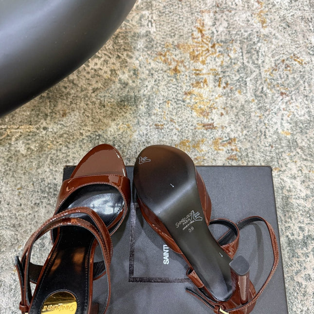 YSL 26S HIGH-HEEL SANDALS 130 MM IN CHESTNUT BROWN GLOSSY CALFSKIN