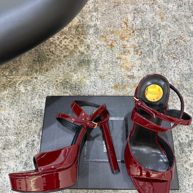 YSL 26S HIGH-HEEL SANDALS 130 MM IN DARK RED GLOSSY CALFSKIN