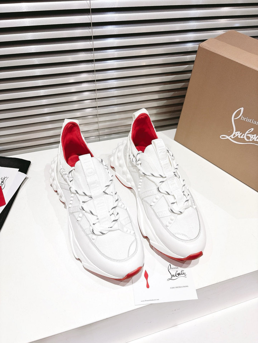 LOUBI CHUNKY SNEAKERS IN WHITE AND RED MESH AND CALFSKIN
