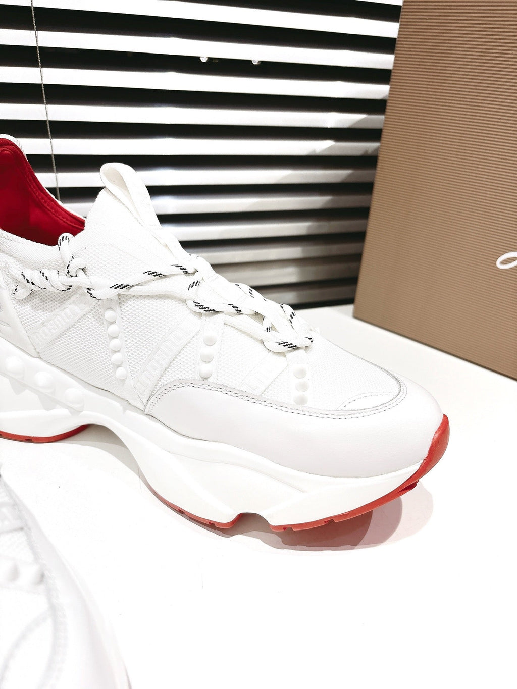LOUBI CHUNKY SNEAKERS IN WHITE AND RED MESH AND CALFSKIN