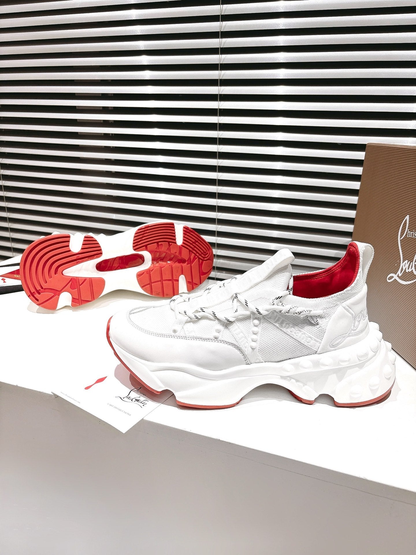 LOUBI CHUNKY SNEAKERS IN WHITE AND RED MESH AND CALFSKIN