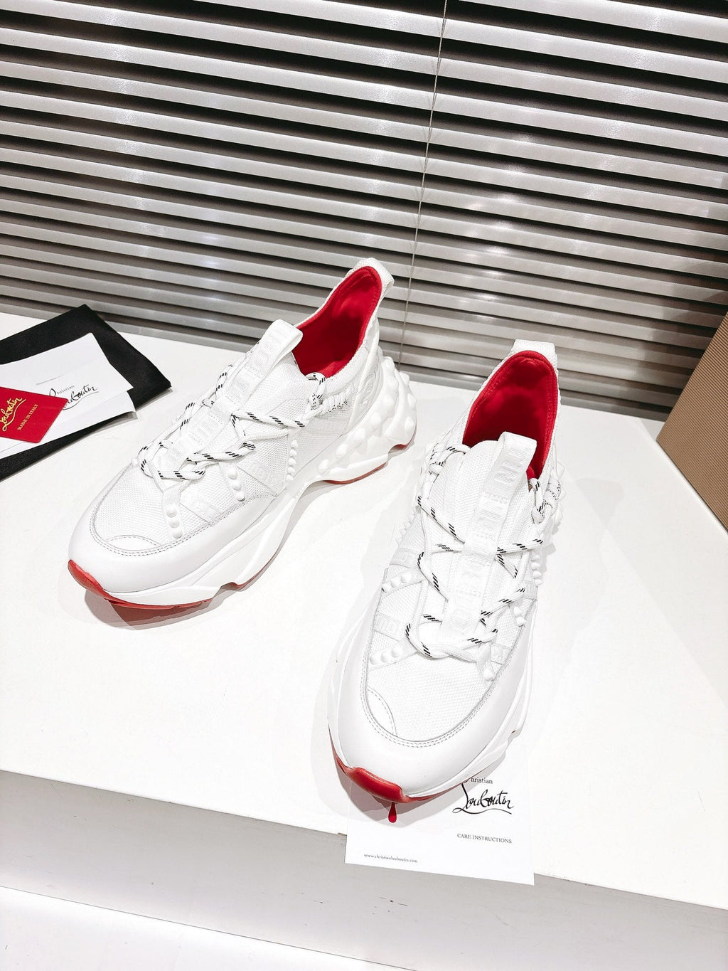 LOUBI CHUNKY SNEAKERS IN WHITE AND RED MESH AND CALFSKIN