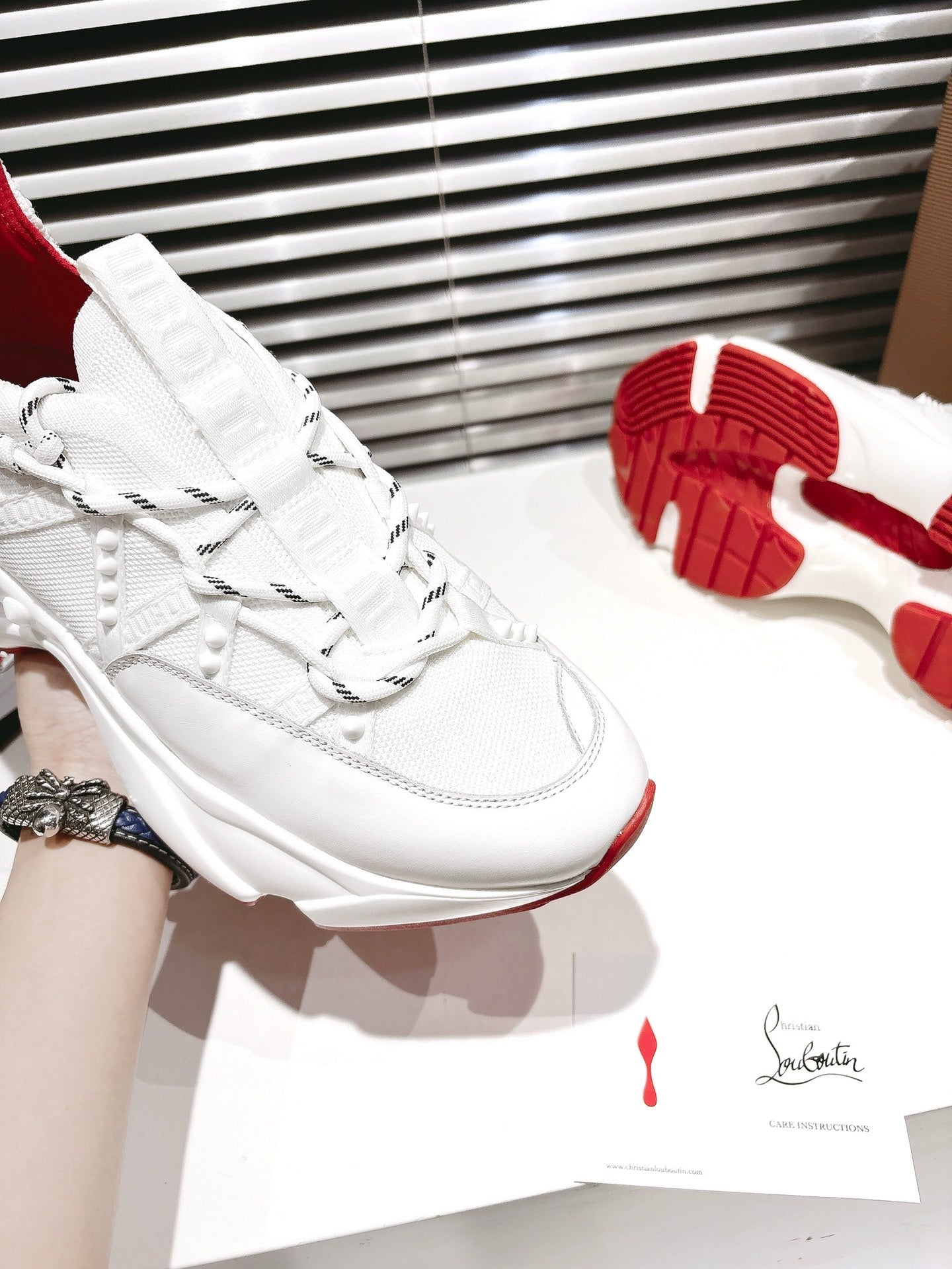 LOUBI CHUNKY SNEAKERS IN WHITE AND RED MESH AND CALFSKIN