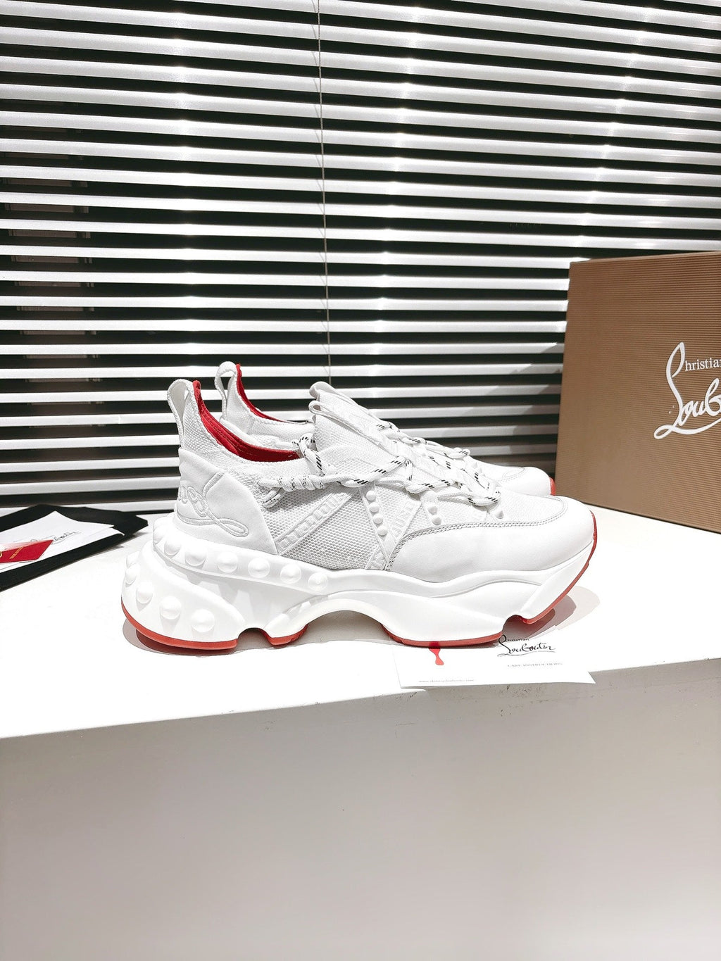 LOUBI CHUNKY SNEAKERS IN WHITE AND RED MESH AND CALFSKIN