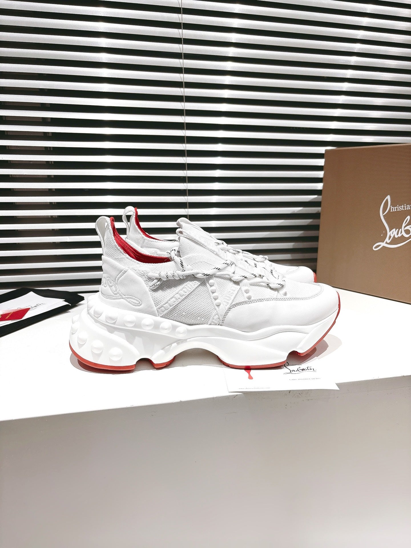 LOUBI CHUNKY SNEAKERS IN WHITE AND RED MESH AND CALFSKIN