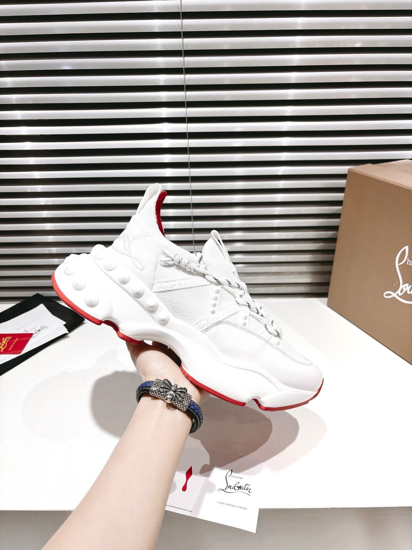 LOUBI CHUNKY SNEAKERS IN WHITE AND RED MESH AND CALFSKIN