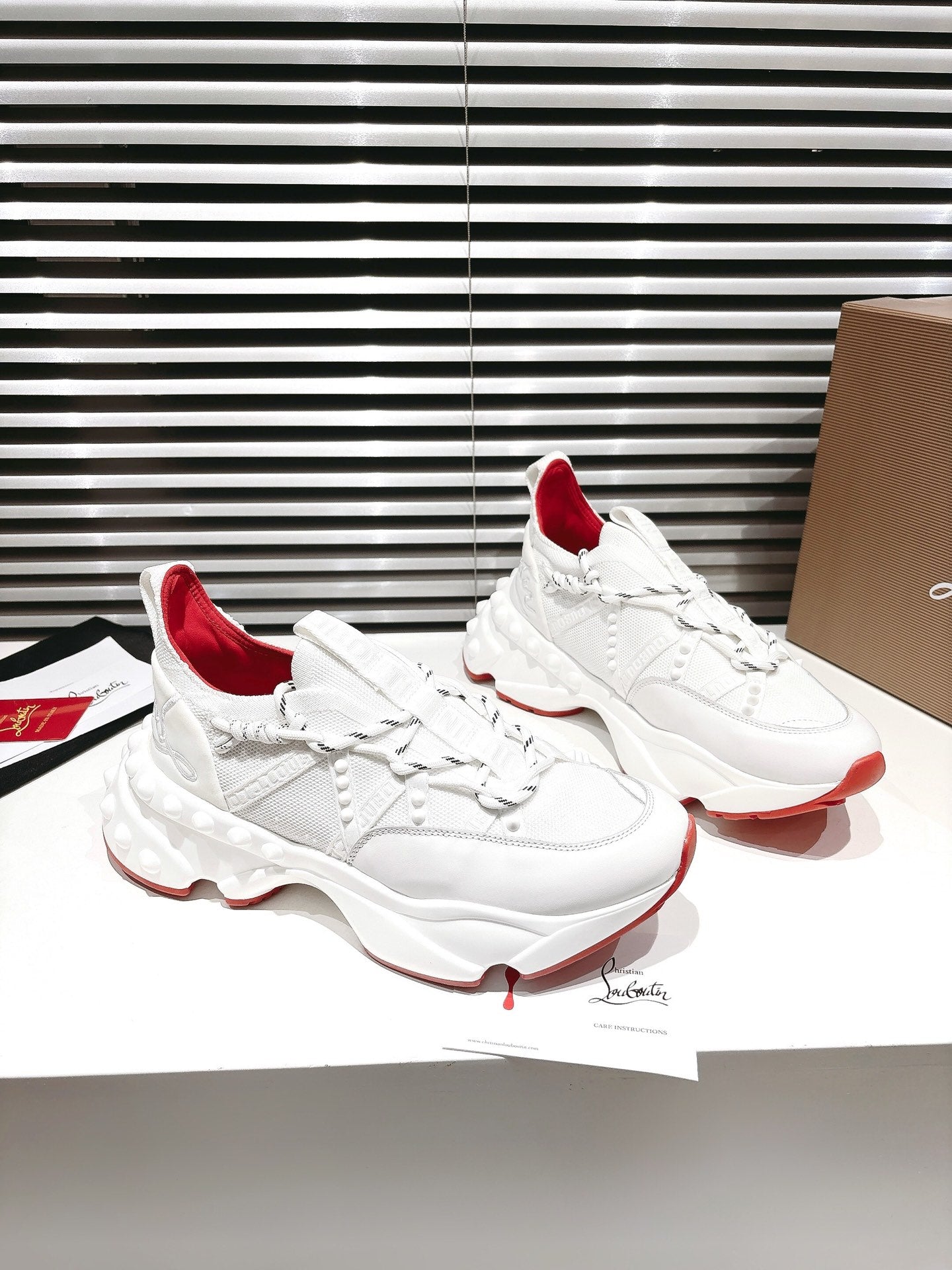 LOUBI CHUNKY SNEAKERS IN WHITE AND RED MESH AND CALFSKIN