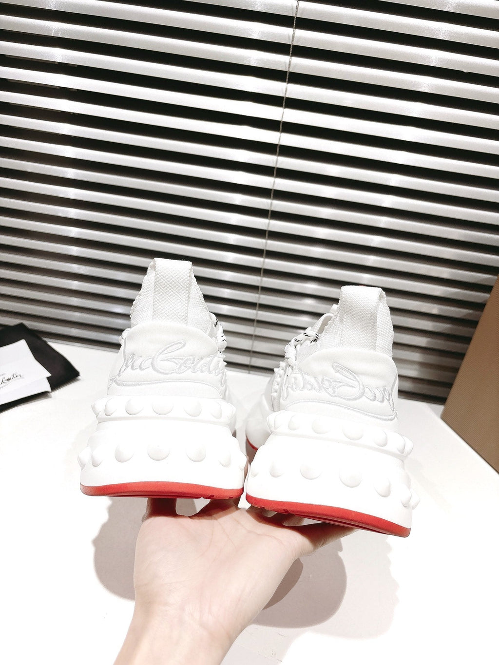 LOUBI CHUNKY SNEAKERS IN WHITE AND RED MESH AND CALFSKIN