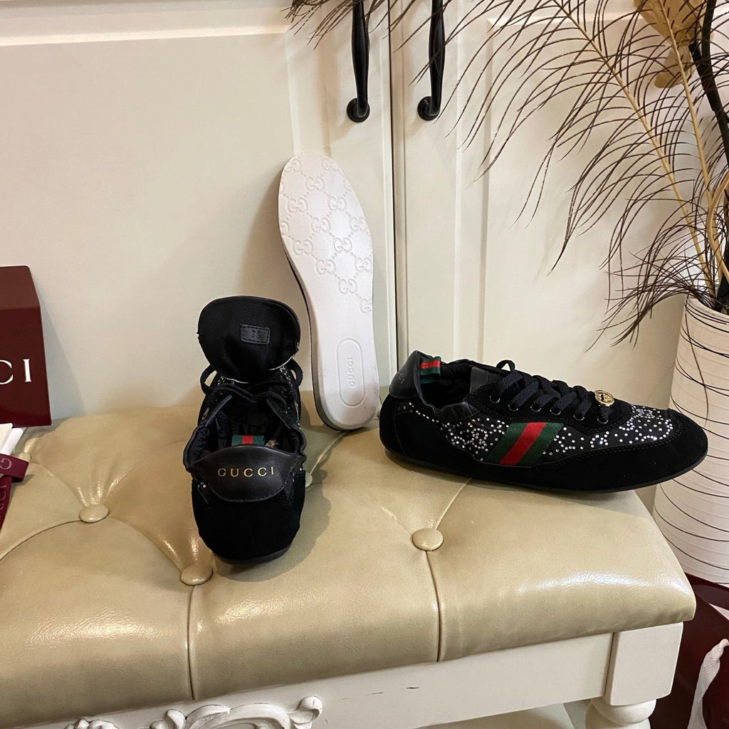 GUCCI 26S SNEAKER IN BLACK SUEDE CRYSTAL EMBELLISHED