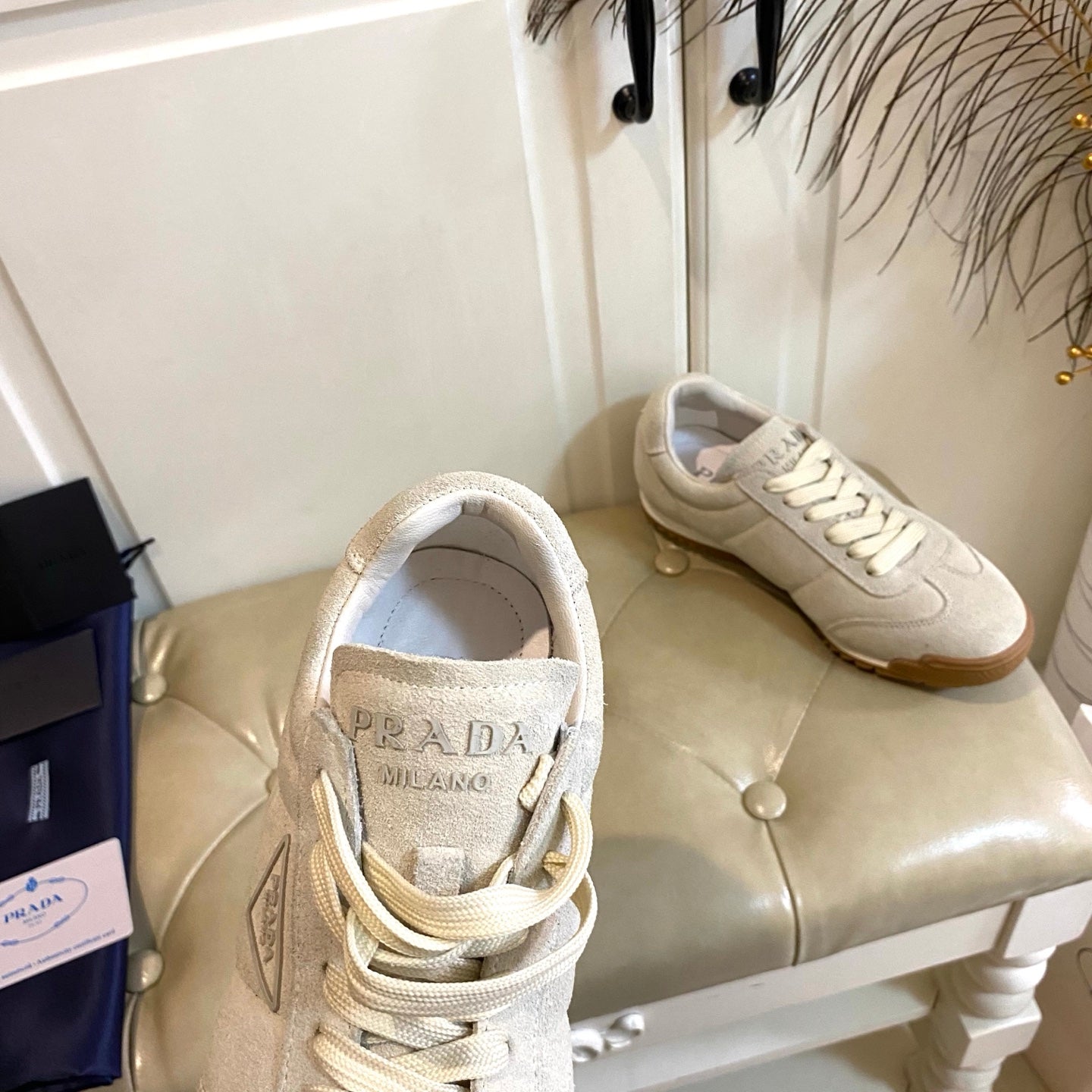 PRADA 26S LACE UP SNEAKERS IN BEIGE SUEDE