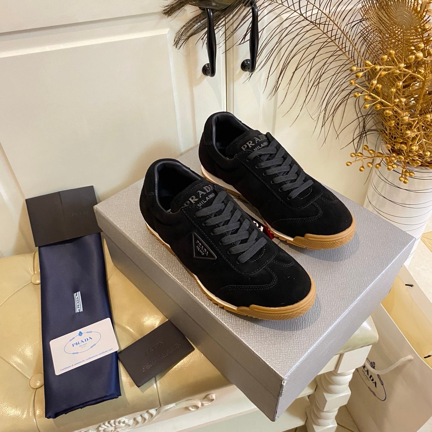 PRADA 26S LACE UP SNEAKERS IN BLACK SUEDE