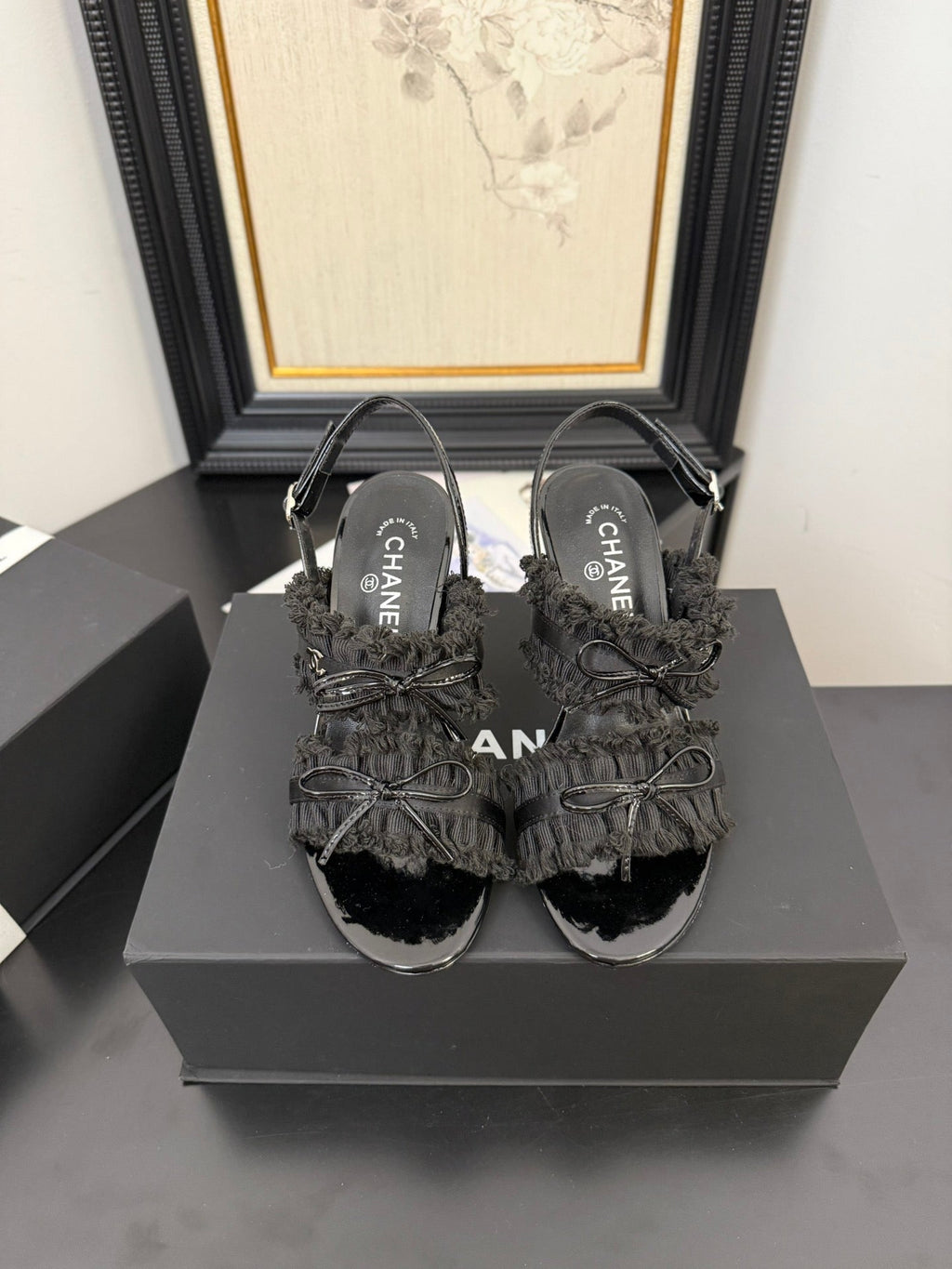 BLACK GROSGRAIN CANVAS BOW SLINGBACK SANDALS