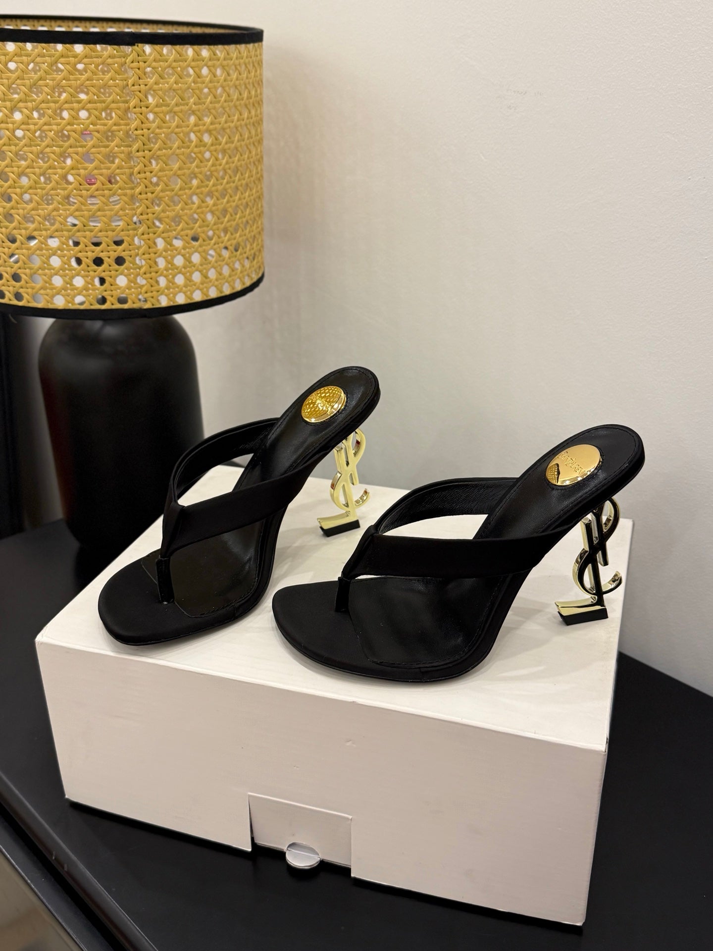 YSL 26S TOE-POST HIGH HEEL SANDALS IN BLACK SATIN