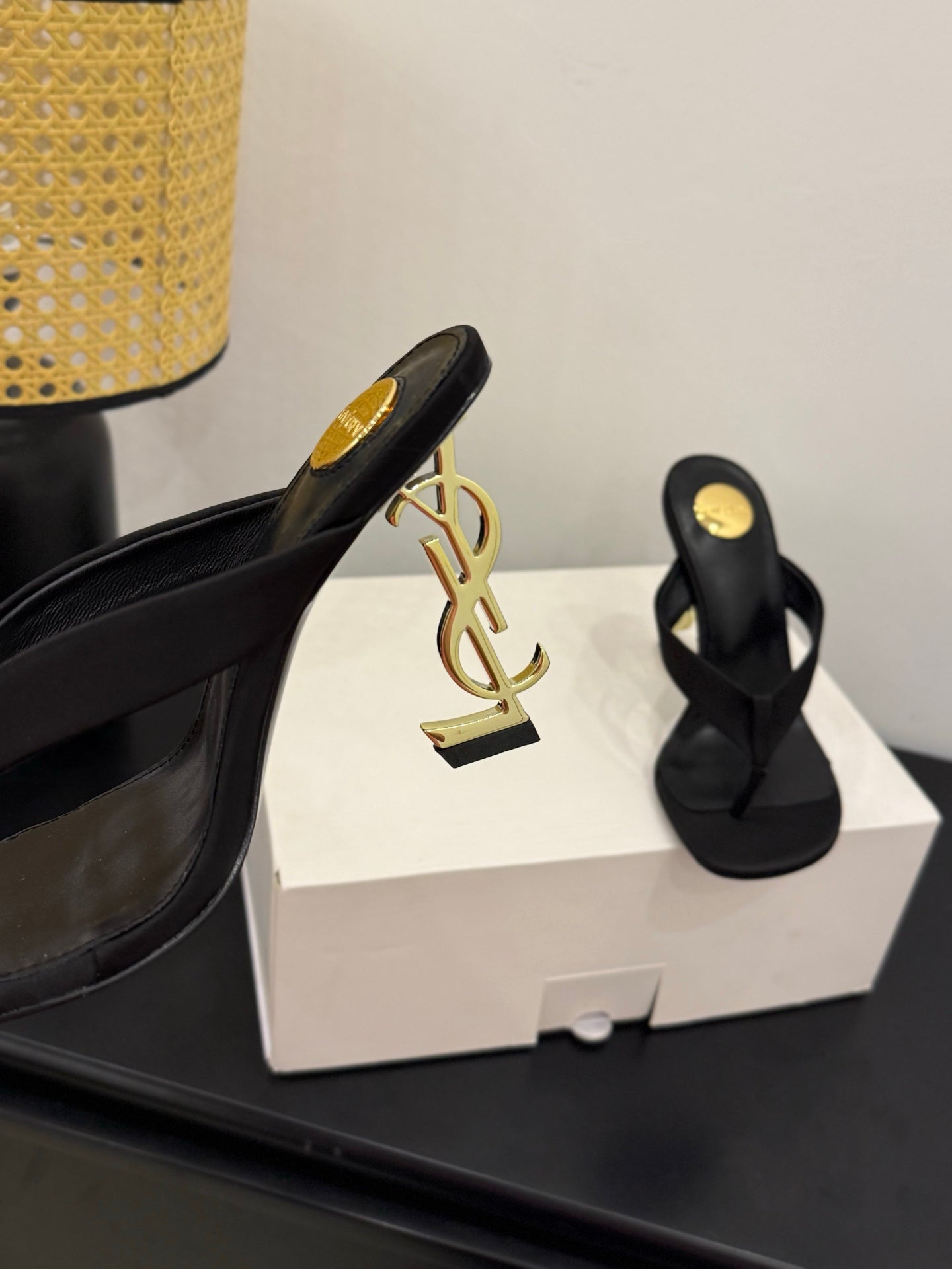 YSL 26S TOE-POST HIGH HEEL SANDALS IN BLACK SATIN
