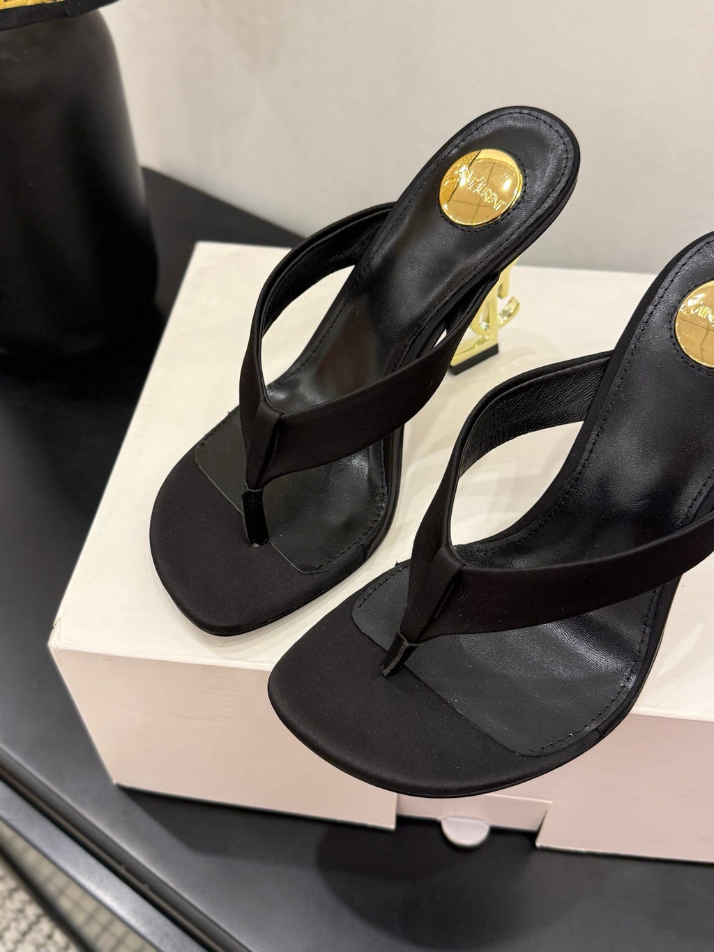 YSL 26S TOE-POST HIGH HEEL SANDALS IN BLACK SATIN