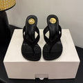YSL 26S TOE-POST HIGH HEEL SANDALS IN BLACK SATIN