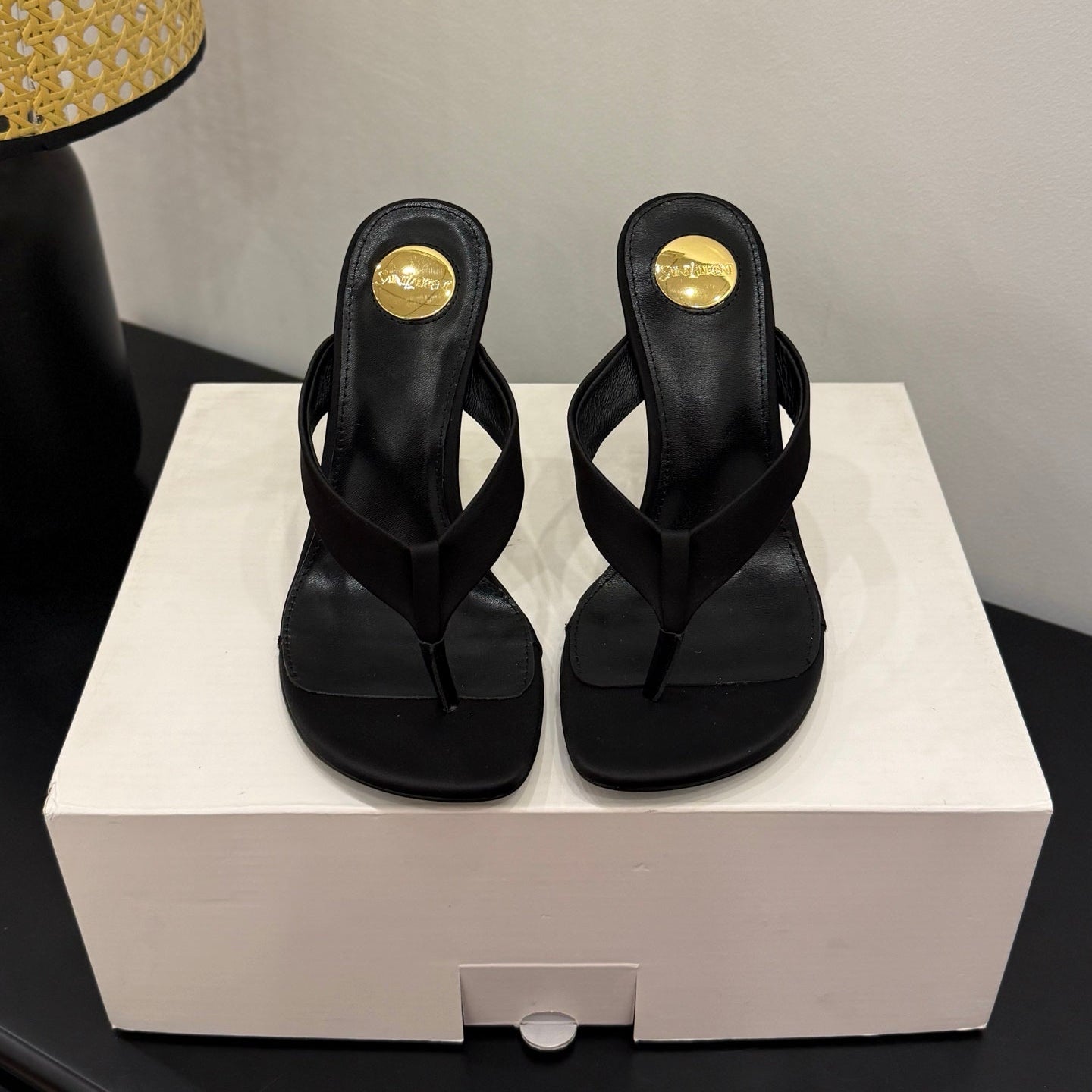 YSL 26S TOE-POST HIGH HEEL SANDALS IN BLACK SATIN