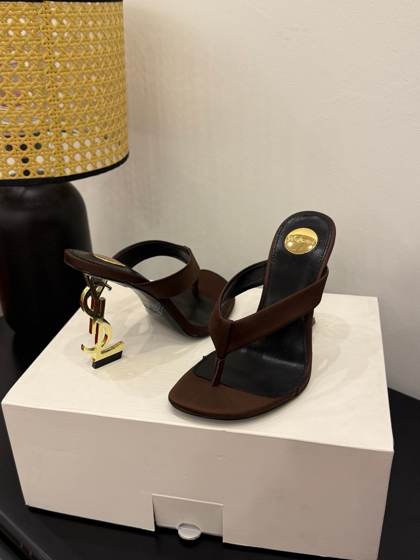 YSL 26S TOE-POST HIGH HEEL SANDALS IN DARK BROWN SATIN