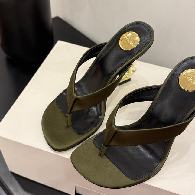 YSL 26S TOE-POST HIGH HEEL SANDALS IN MOSS GREEN SATIN