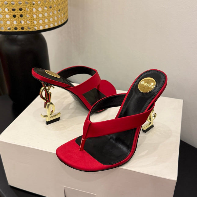 YSL 26S TOE-POST HIGH HEEL SANDALS IN RED SATIN