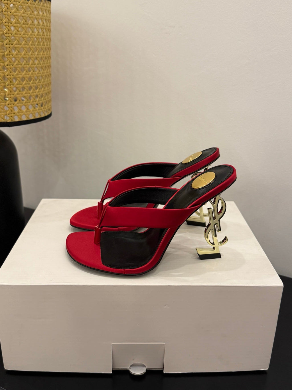 YSL 26S TOE-POST HIGH HEEL SANDALS IN RED SATIN
