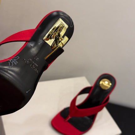 YSL 26S TOE-POST HIGH HEEL SANDALS IN RED SATIN