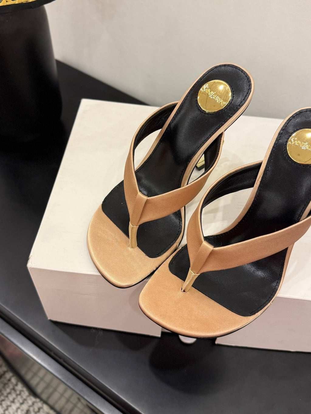YSL 26S TOE-POST HIGH HEEL SANDALS IN SANDY BROWN SATIN