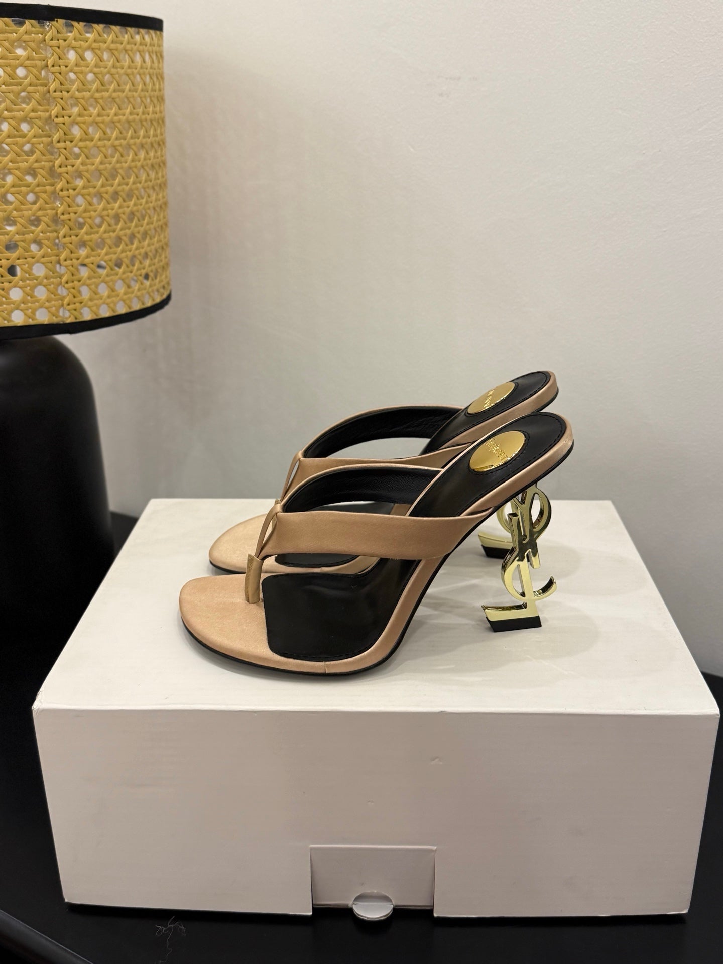 YSL 26S TOE-POST HIGH HEEL SANDALS IN SANDY BROWN SATIN
