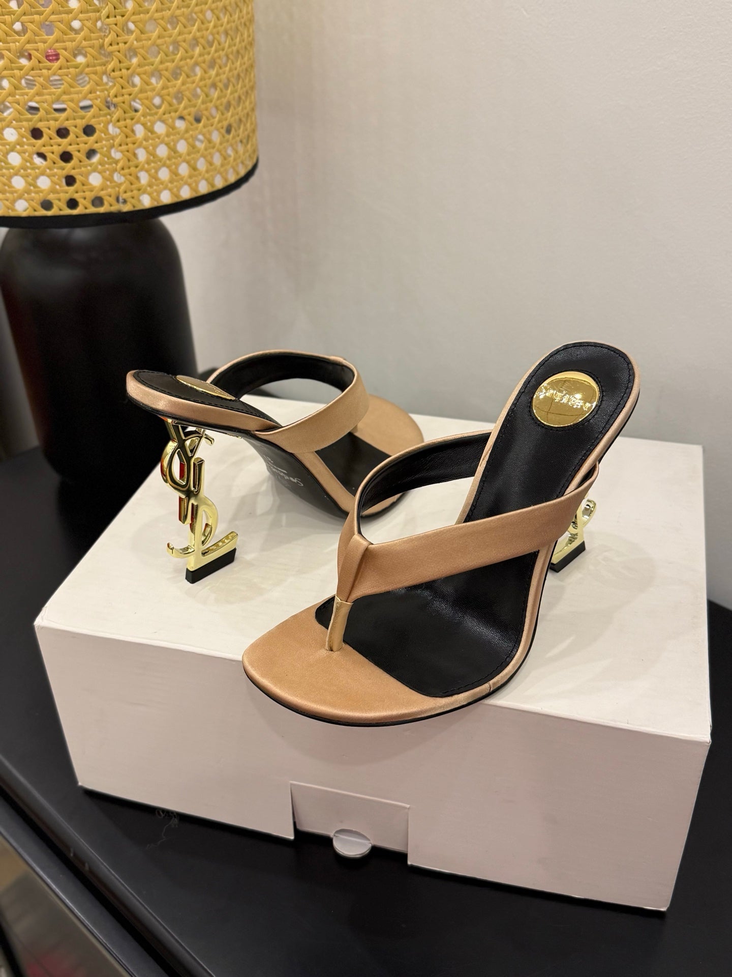 YSL 26S TOE-POST HIGH HEEL SANDALS IN SANDY BROWN SATIN
