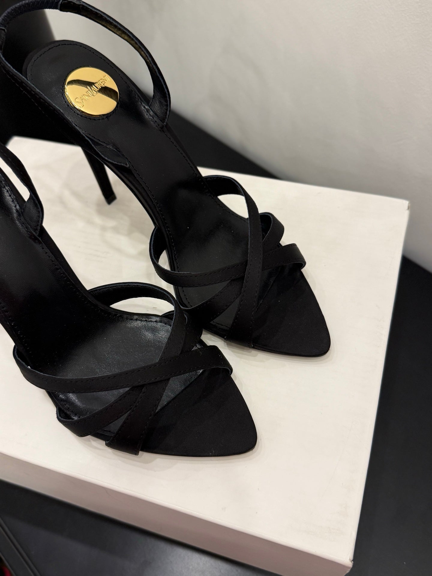 YSL 26S HIGH-HEELED SANDALS 105 MM IN BLACK SATIN
