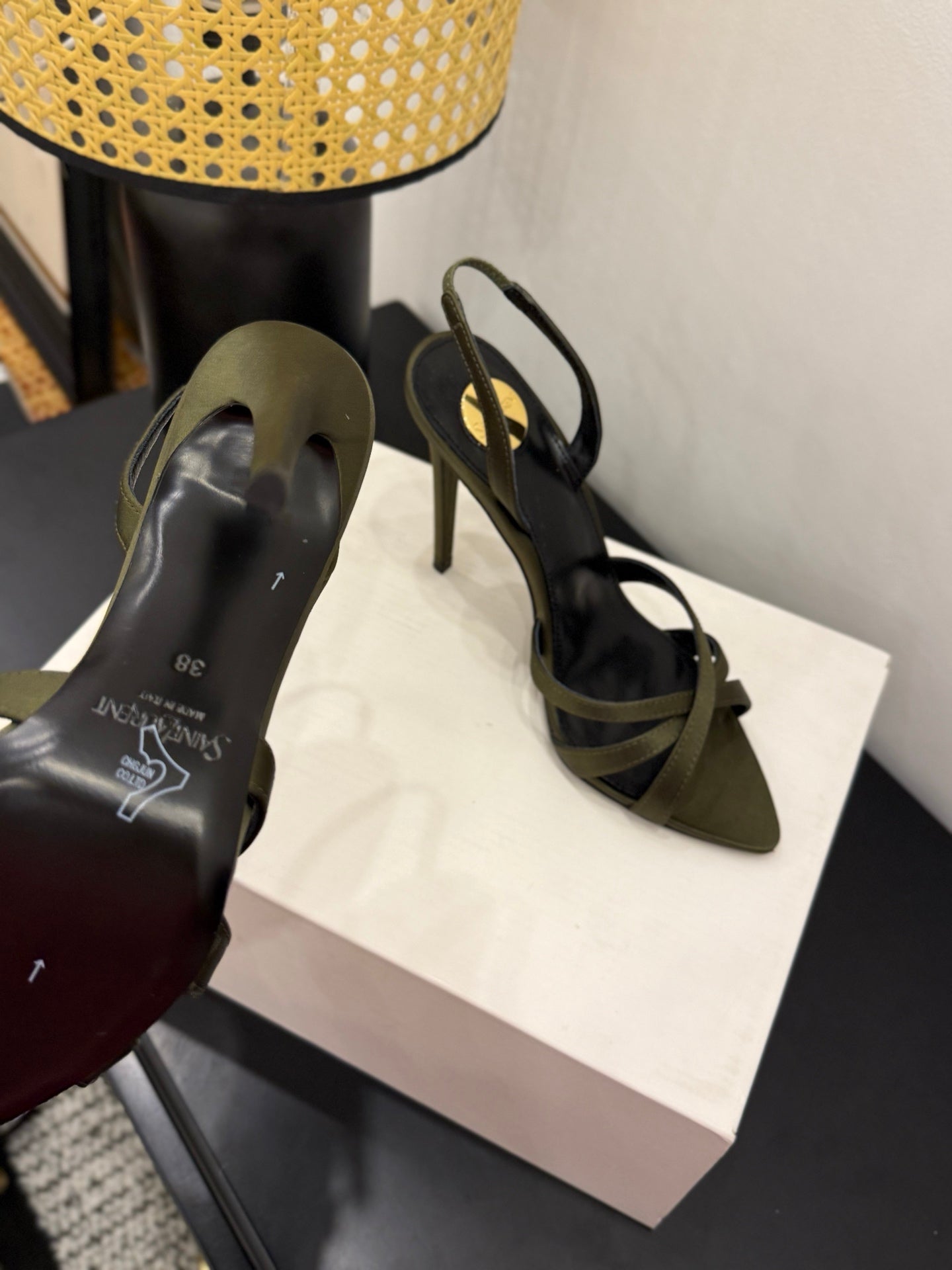 YSL 26S HIGH-HEELED SANDALS 105 MM IN MOSS GREEN SATIN