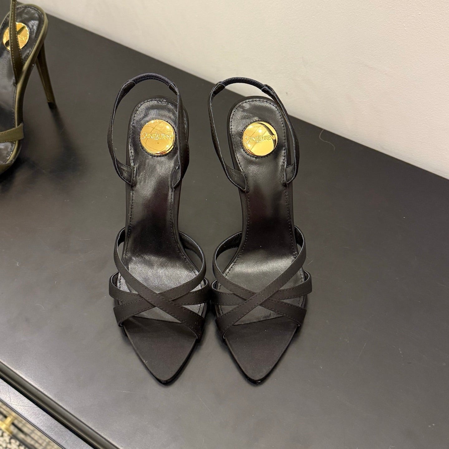 YSL 26S HIGH-HEELED SANDALS 105 MM IN BLACK SATIN