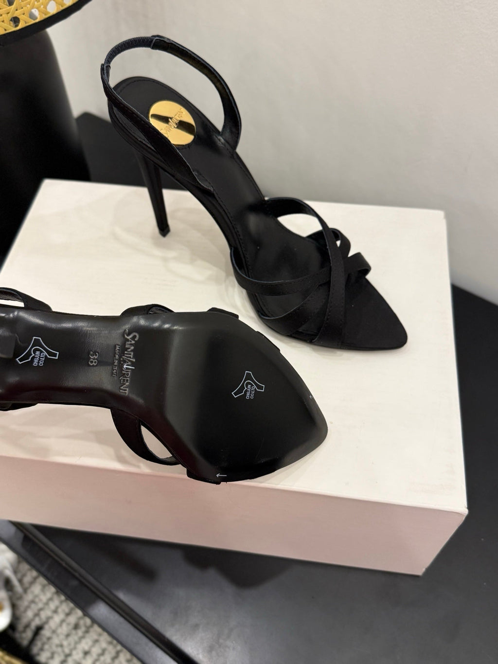 YSL 26S HIGH-HEELED SANDALS 105 MM IN BLACK SATIN
