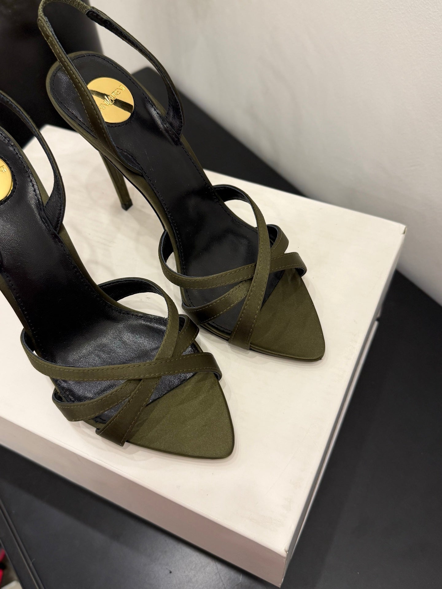 YSL 26S HIGH-HEELED SANDALS 105 MM IN MOSS GREEN SATIN