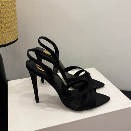 YSL 26S HIGH-HEELED SANDALS 105 MM IN BLACK SATIN