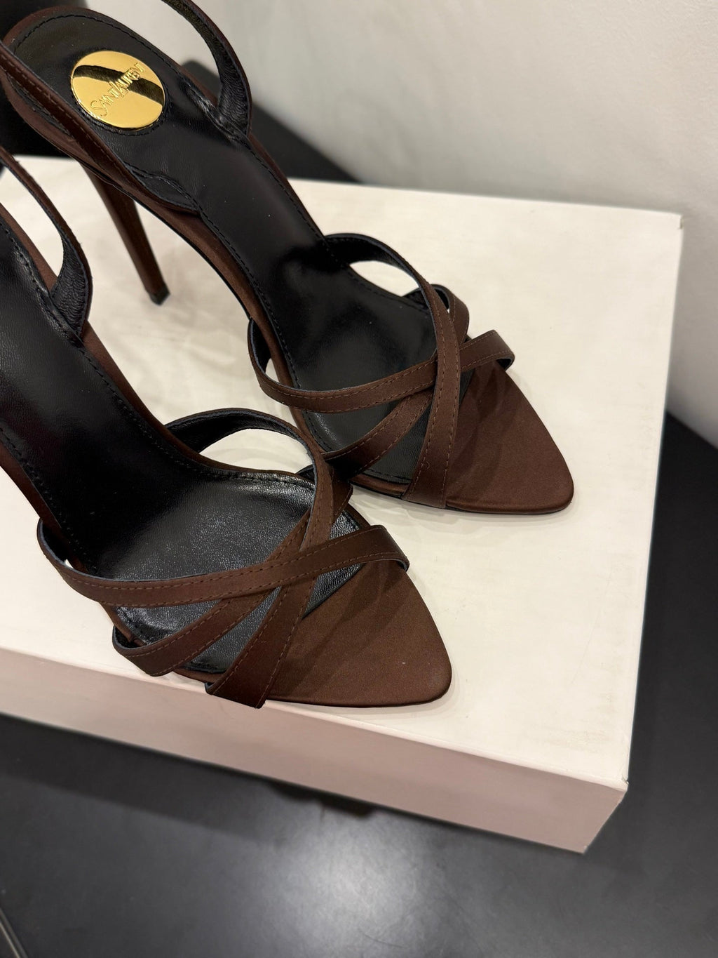 YSL 26S HIGH-HEELED SANDALS 105 MM IN DARK BROWN SATIN