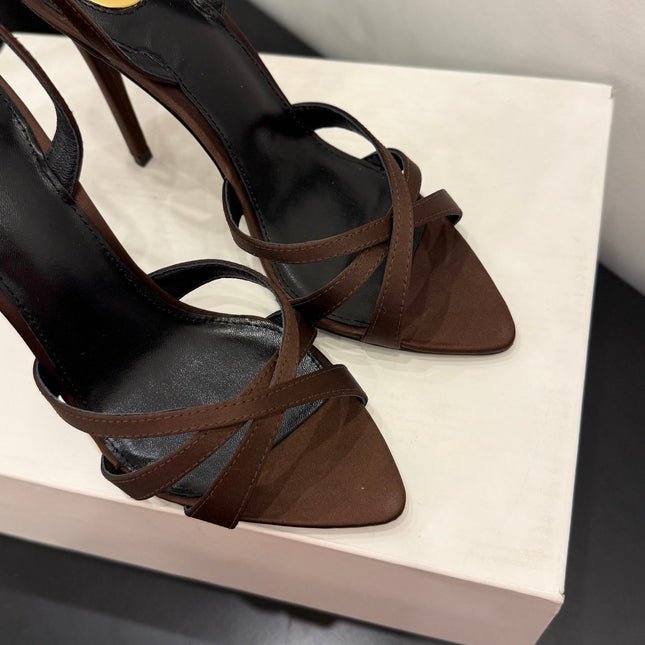 YSL 26S HIGH-HEELED SANDALS 105 MM IN DARK BROWN SATIN