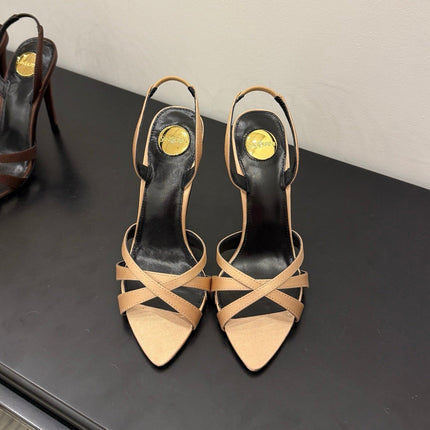 YSL 26S HIGH-HEELED SANDALS 105 MM IN SANDY BROWN SATIN