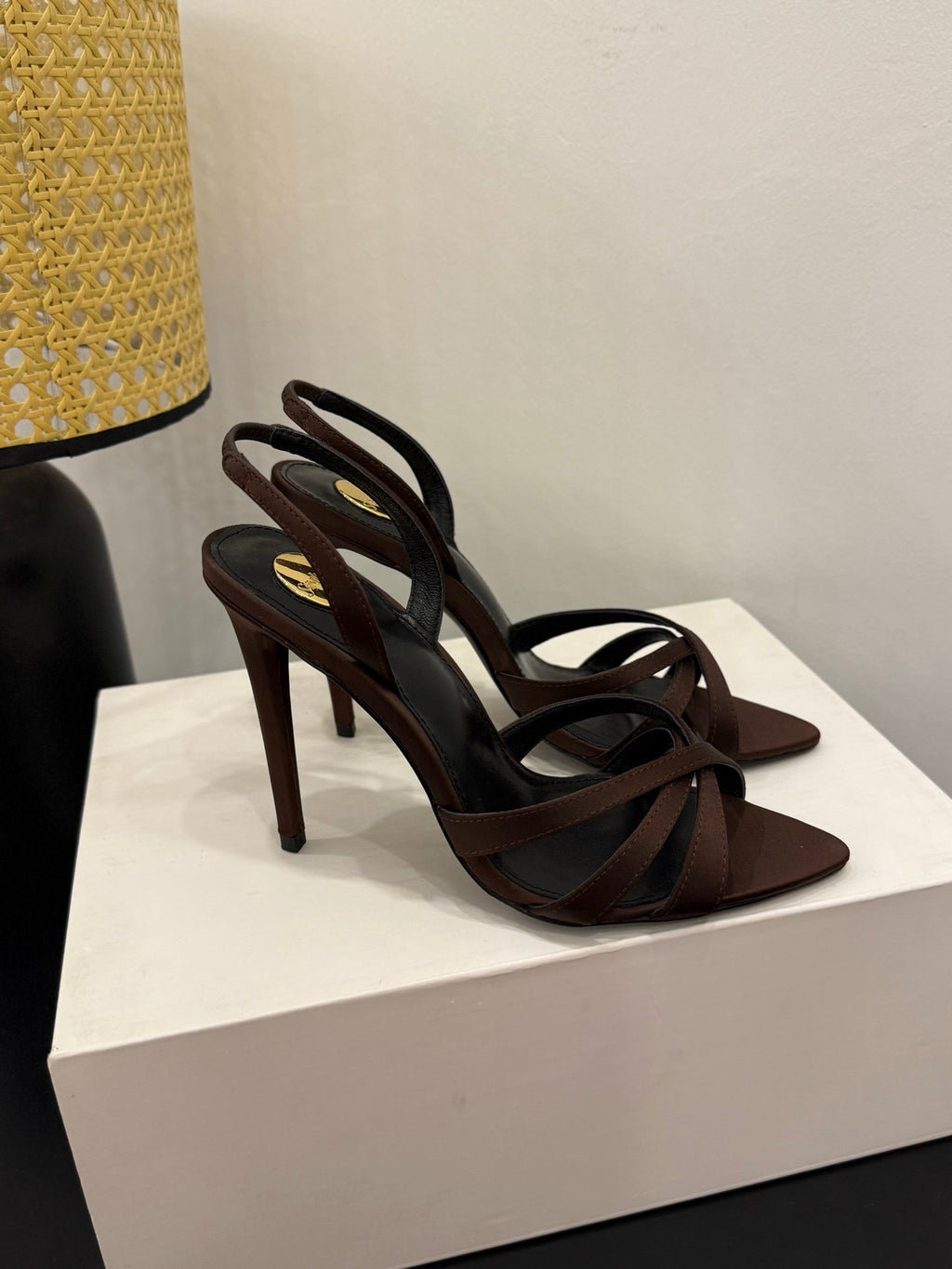 YSL 26S HIGH-HEELED SANDALS 105 MM IN DARK BROWN SATIN
