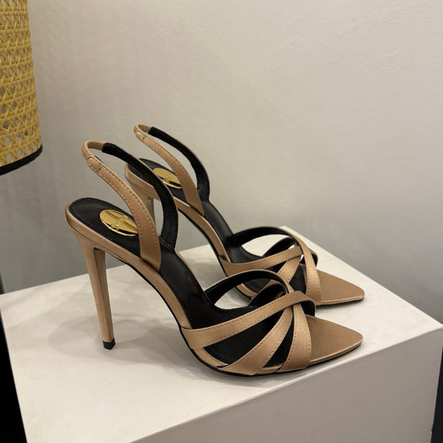 YSL 26S HIGH-HEELED SANDALS 105 MM IN SANDY BROWN SATIN