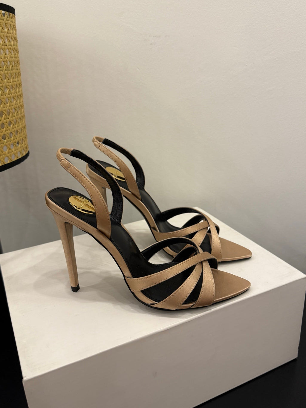 YSL 26S HIGH-HEELED SANDALS 105 MM IN SANDY BROWN SATIN