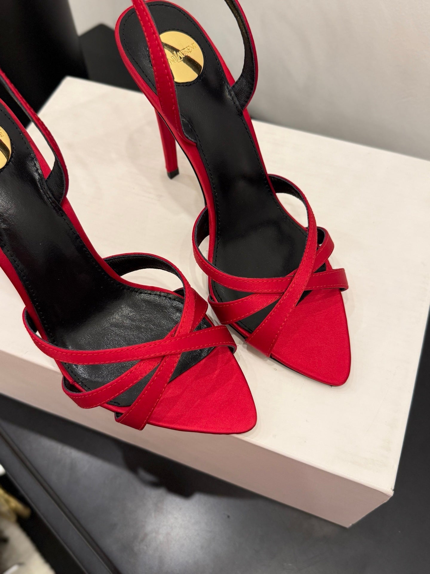 YSL 26S HIGH-HEELED SANDALS 105 MM IN RED SATIN