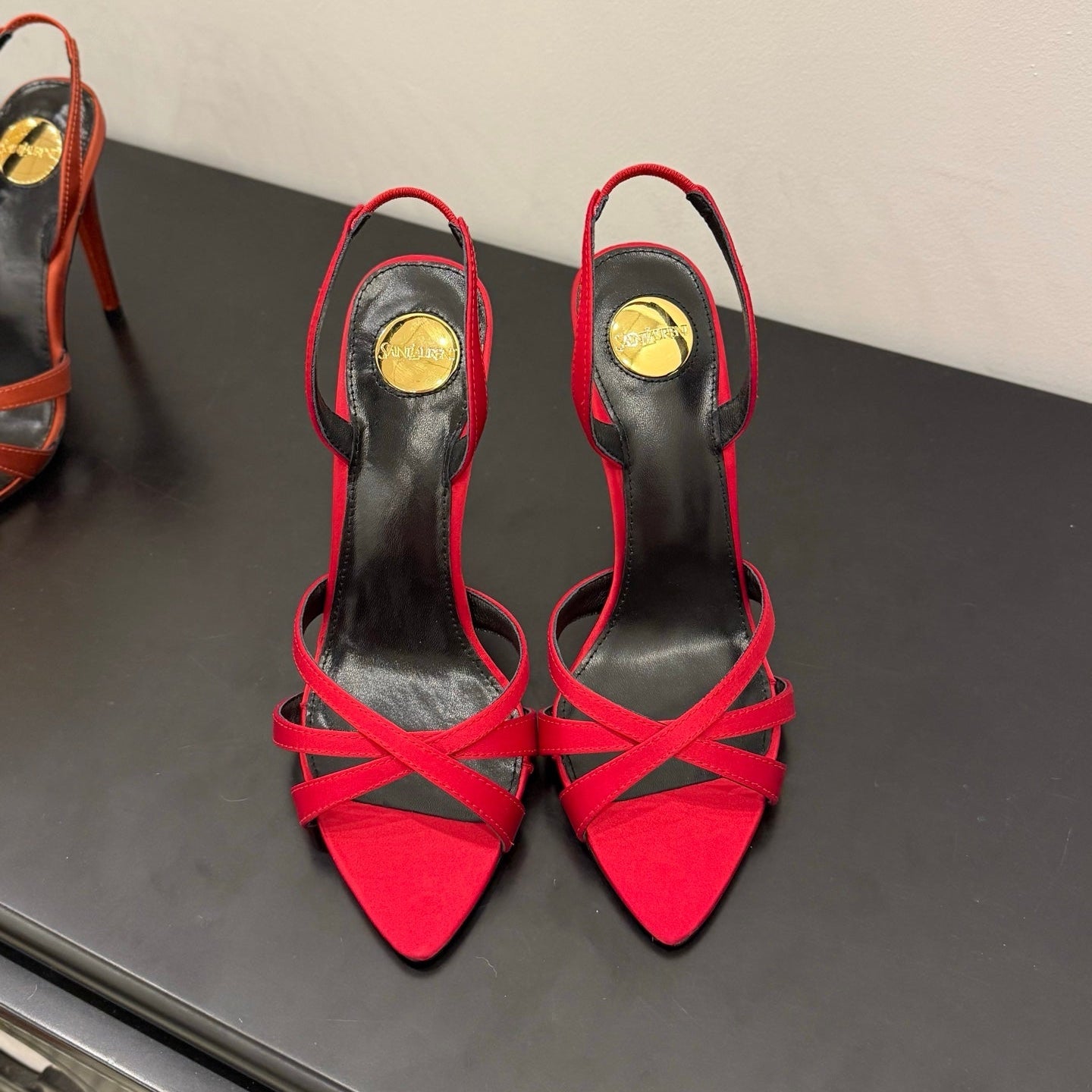 YSL 26S HIGH-HEELED SANDALS 105 MM IN RED SATIN