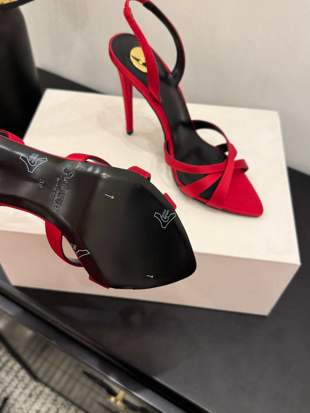 YSL 26S HIGH-HEELED SANDALS 105 MM IN RED SATIN