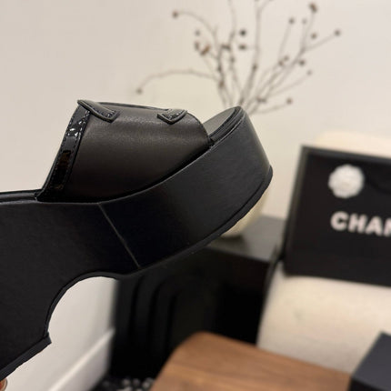 CHANEL 26S WEDGE SANDALS 95 MM IN BLACK CALFSKIN STYLE 1