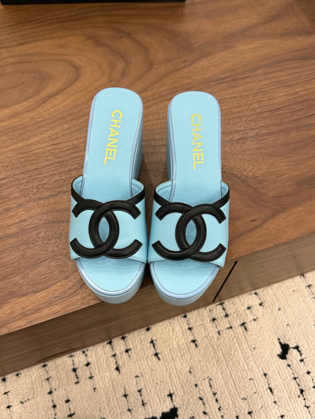 CHANEL 26S WEDGE SANDALS 95 MM IN PASTEL BLUE CALFSKIN