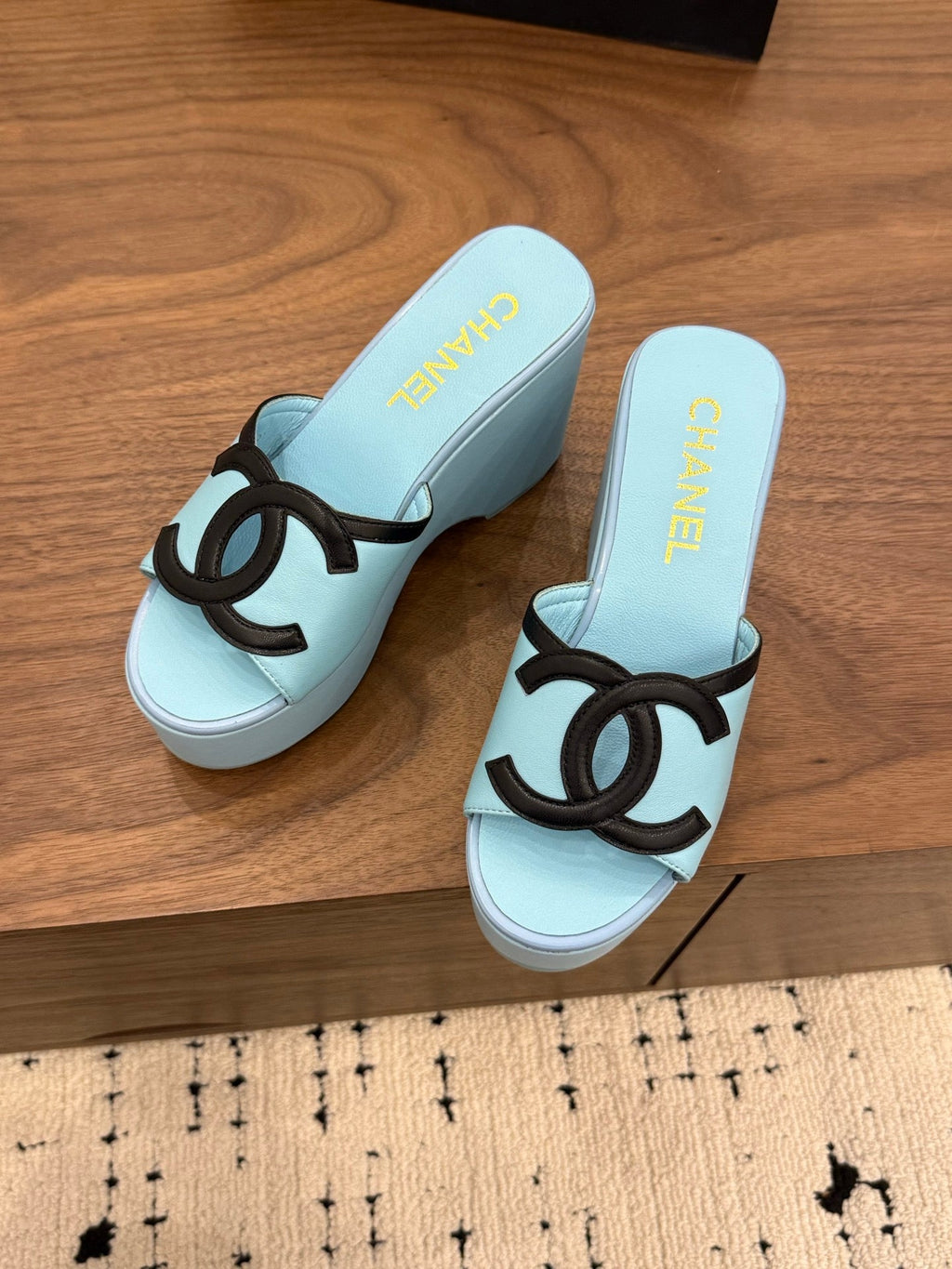 CHANEL 26S WEDGE SANDALS 95 MM IN PASTEL BLUE CALFSKIN